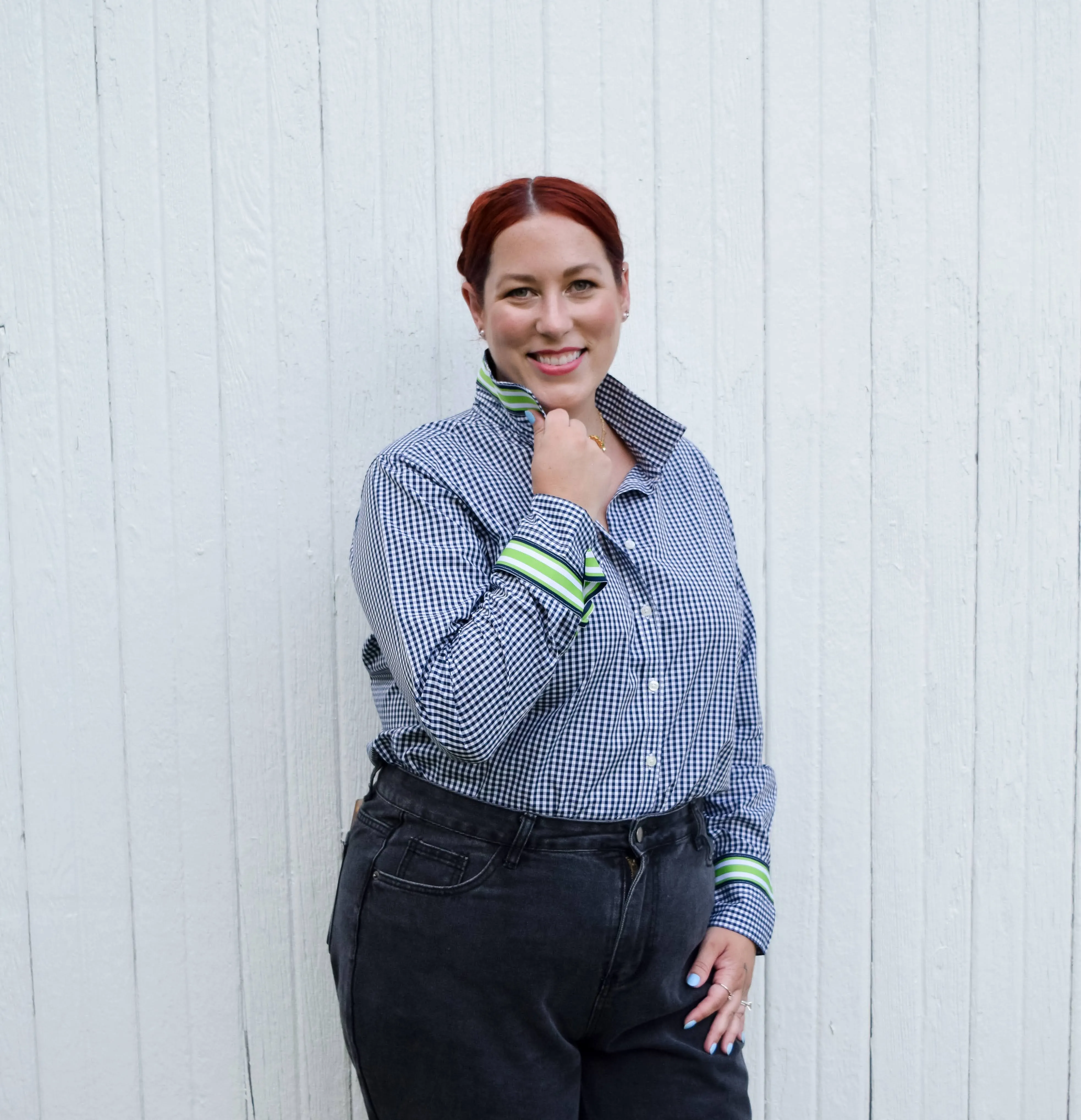 SALE - L & 2XL ONLY - Audrey Navy Gingham Ribbon French Cuff Shirt  (RFC13) *FINAL SALE*