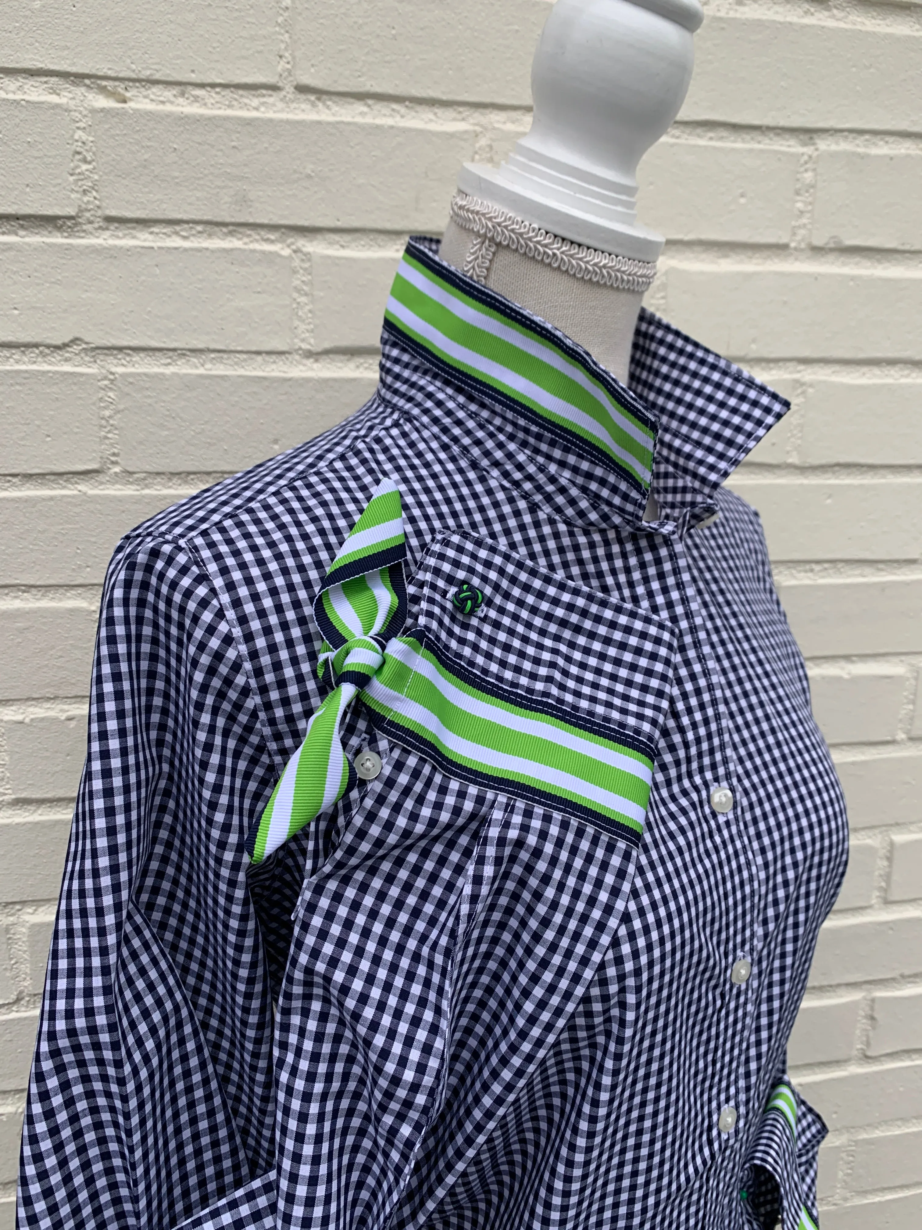 SALE - L & 2XL ONLY - Audrey Navy Gingham Ribbon French Cuff Shirt  (RFC13) *FINAL SALE*