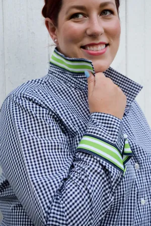 SALE - L & 2XL ONLY - Audrey Navy Gingham Ribbon French Cuff Shirt  (RFC13) *FINAL SALE*