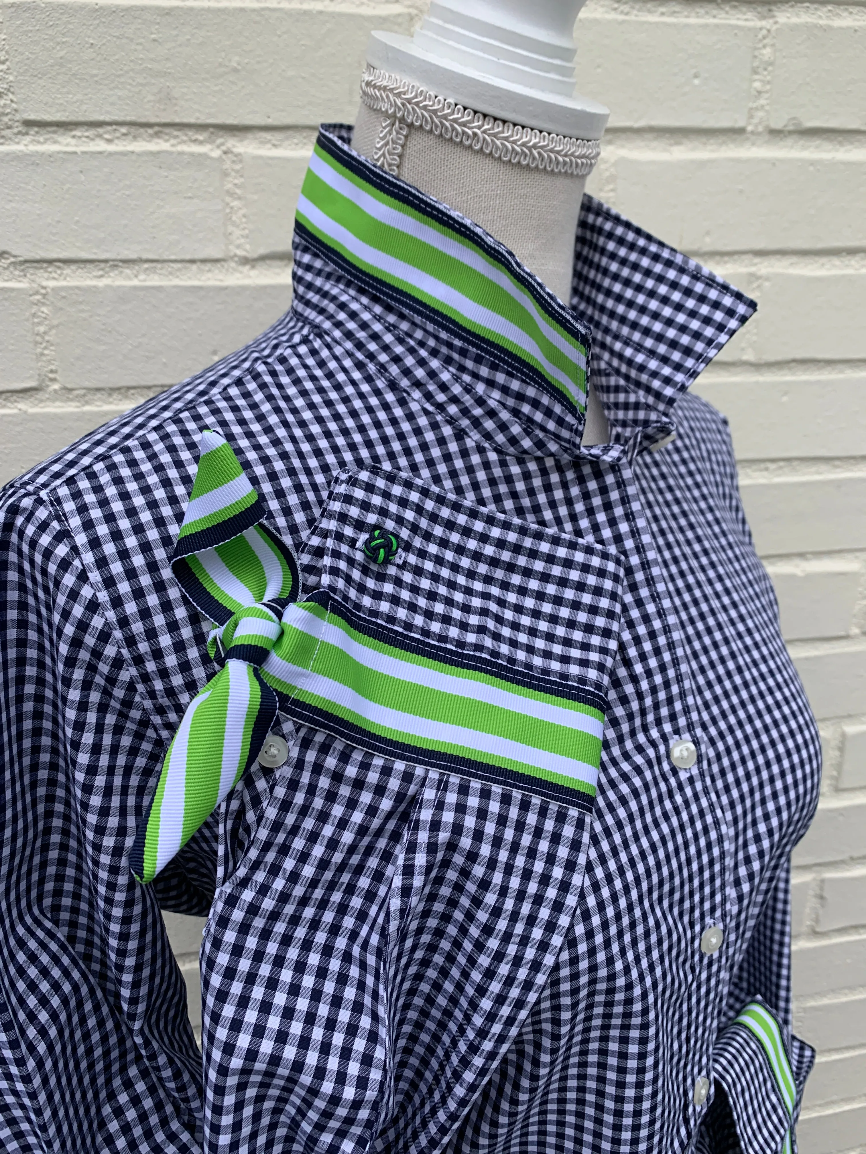 SALE - L & 2XL ONLY - Audrey Navy Gingham Ribbon French Cuff Shirt  (RFC13) *FINAL SALE*