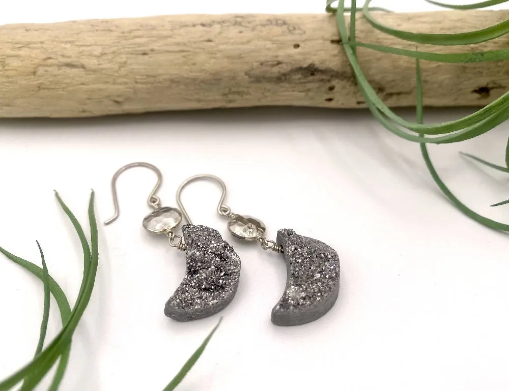 Silver Druzy Moon Earrings