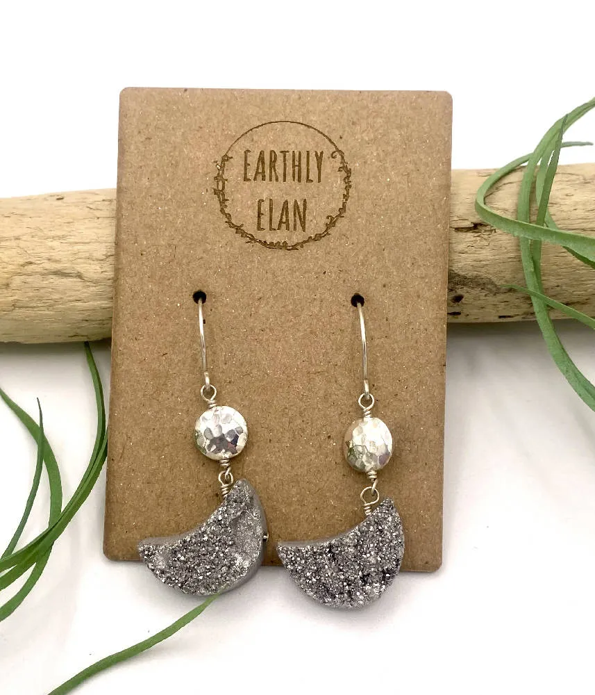 Silver Druzy Moon Earrings