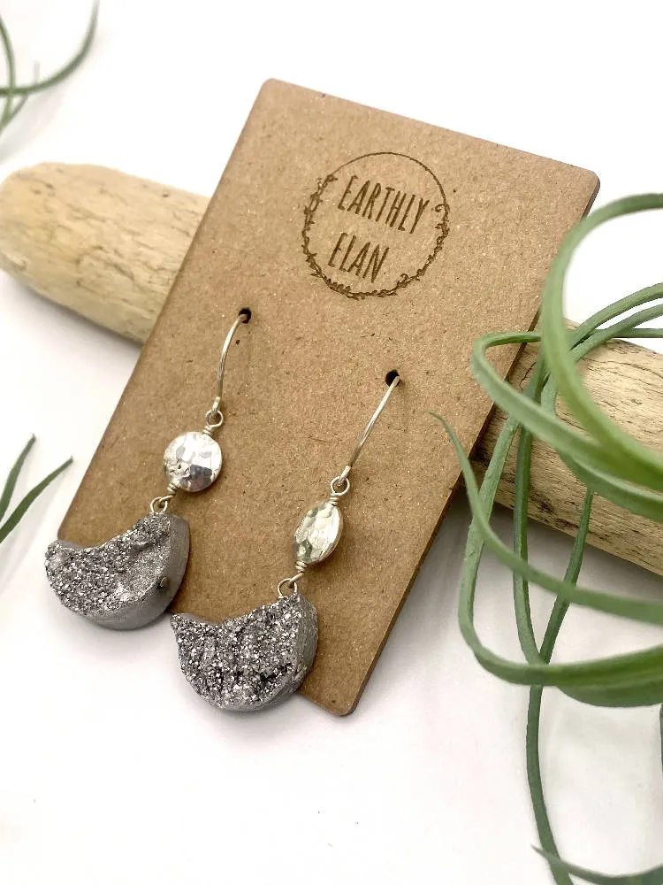 Silver Druzy Moon Earrings