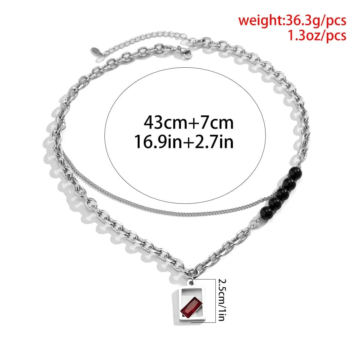 Stainless Steel Rhinestone Inlaid Square Pendant Ball Charm Curb Cable Chain Necklace