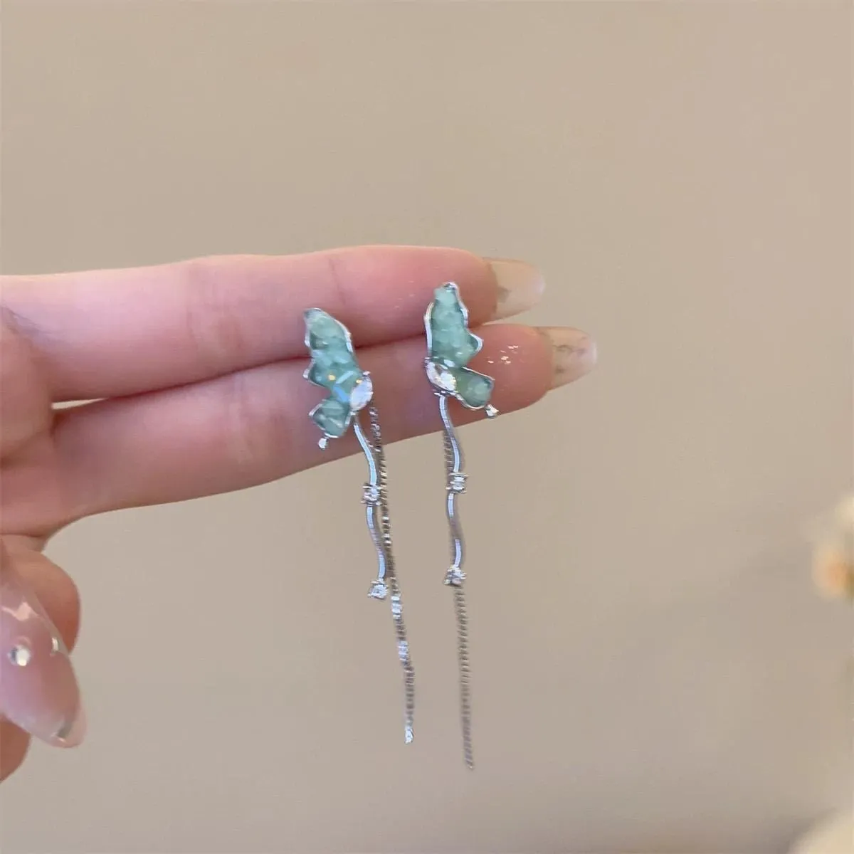 Stylish Irregular Crystal Stone Inlaid Butterfly Tassel Chain Earrings