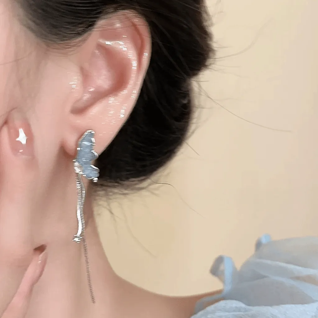 Stylish Irregular Crystal Stone Inlaid Butterfly Tassel Chain Earrings