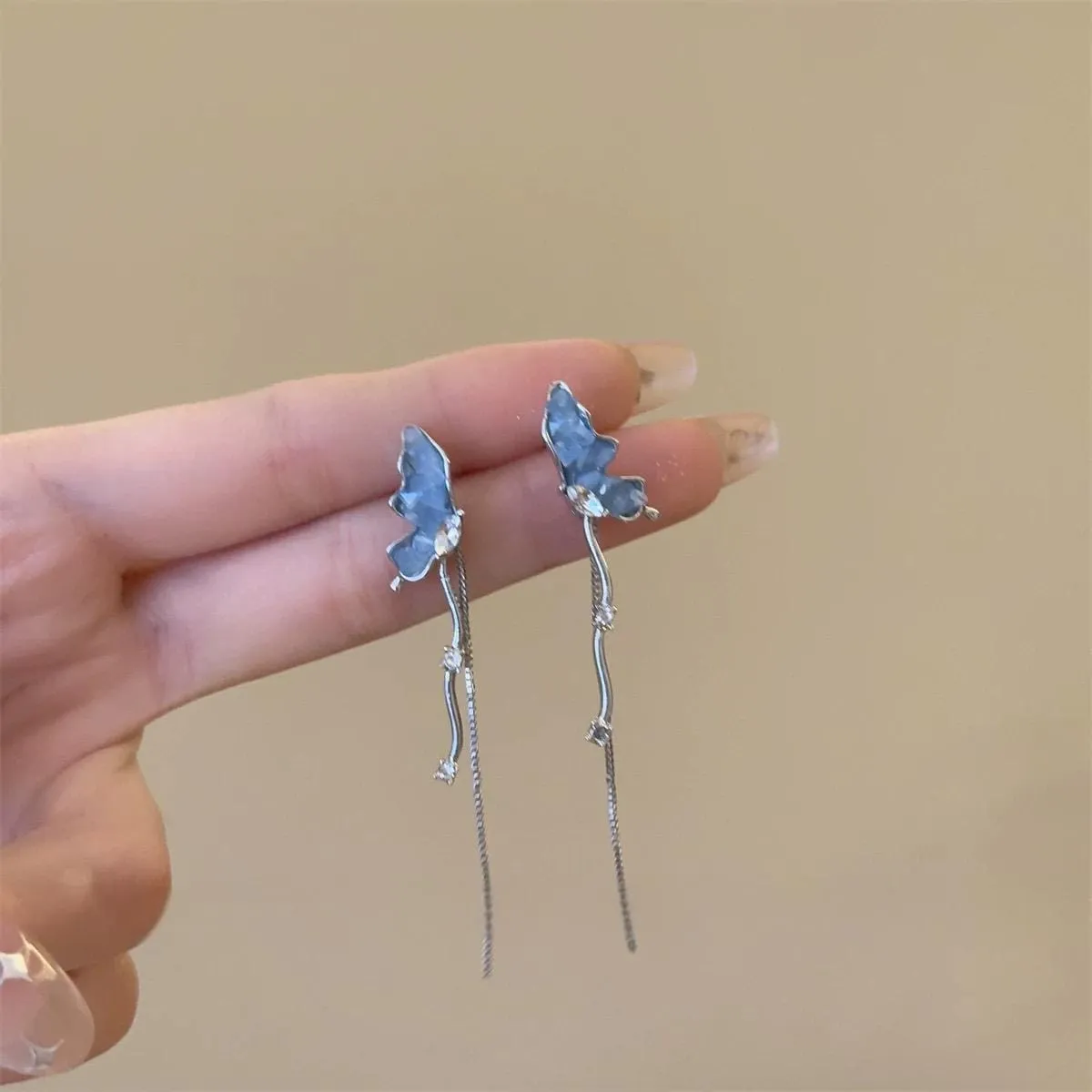 Stylish Irregular Crystal Stone Inlaid Butterfly Tassel Chain Earrings