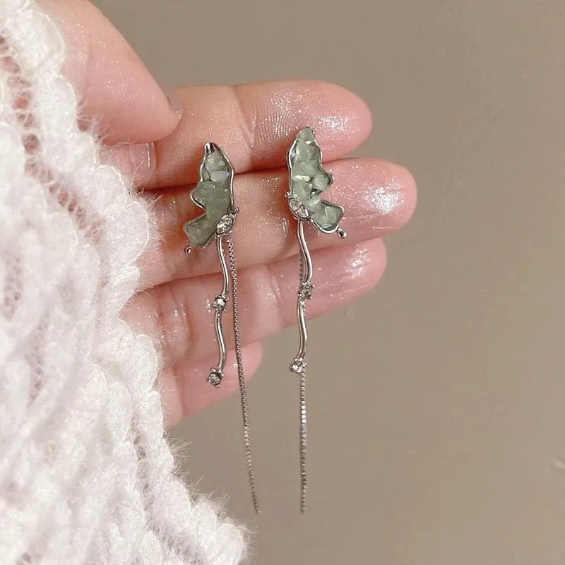 Stylish Irregular Crystal Stone Inlaid Butterfly Tassel Chain Earrings