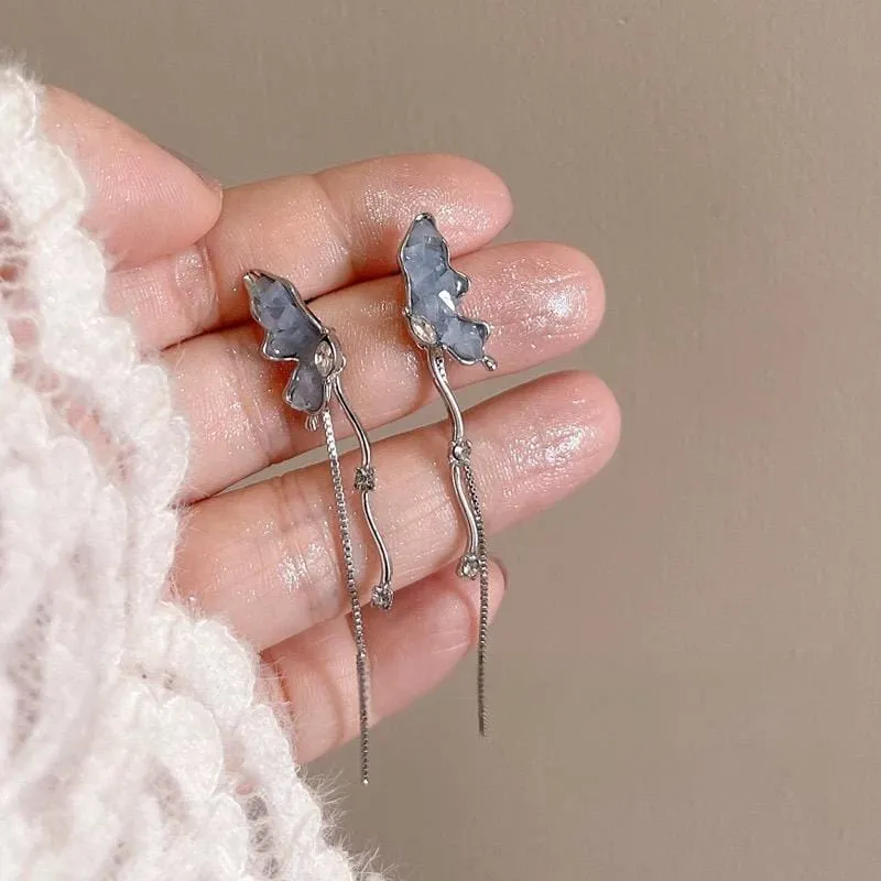 Stylish Irregular Crystal Stone Inlaid Butterfly Tassel Chain Earrings