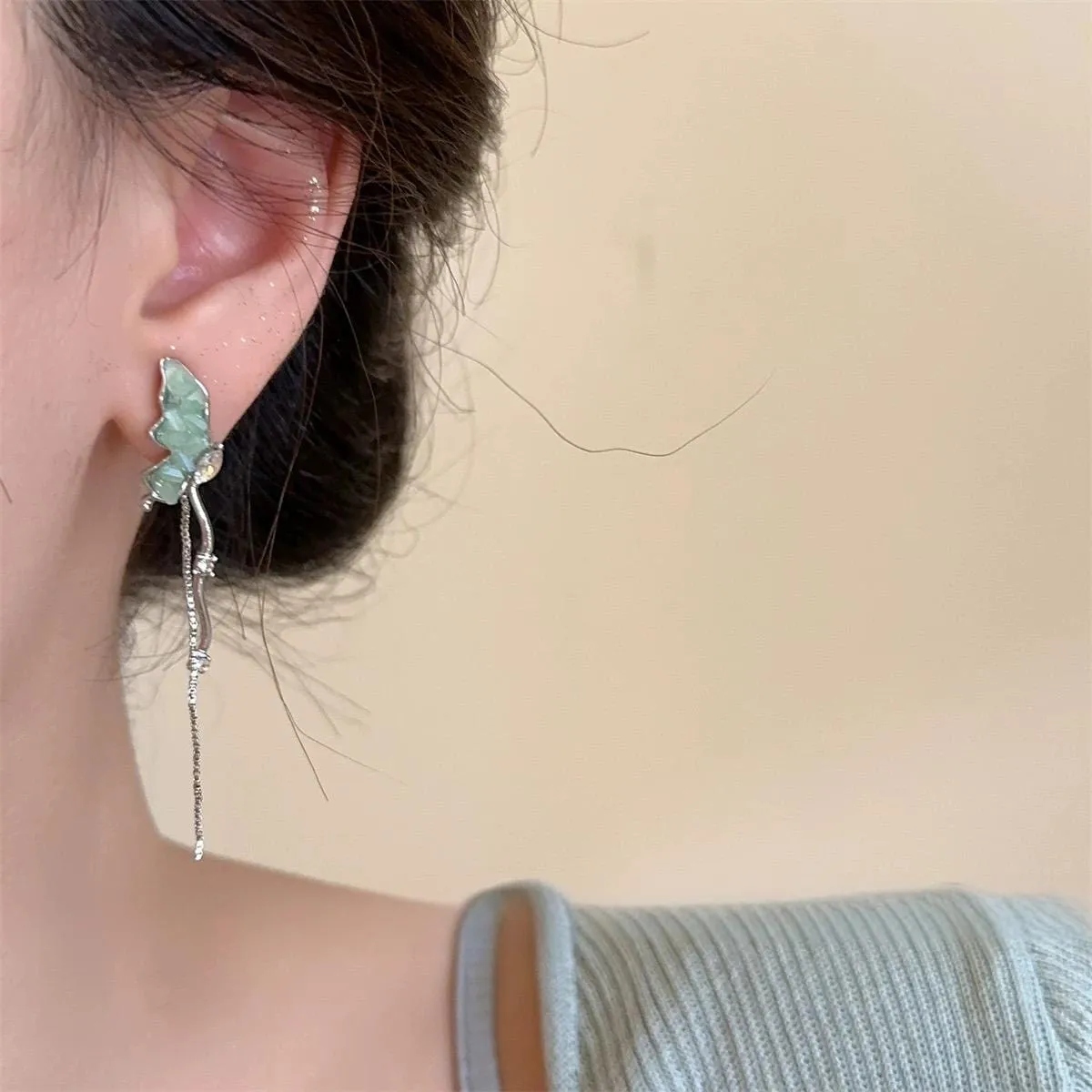 Stylish Irregular Crystal Stone Inlaid Butterfly Tassel Chain Earrings