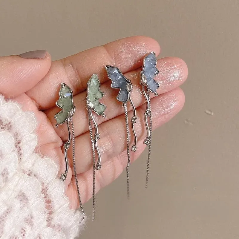 Stylish Irregular Crystal Stone Inlaid Butterfly Tassel Chain Earrings
