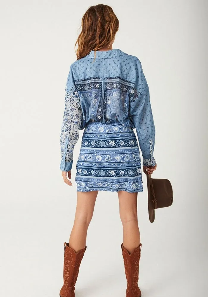 Sunshine Bandit Wrap Mini Skirt - Chambray