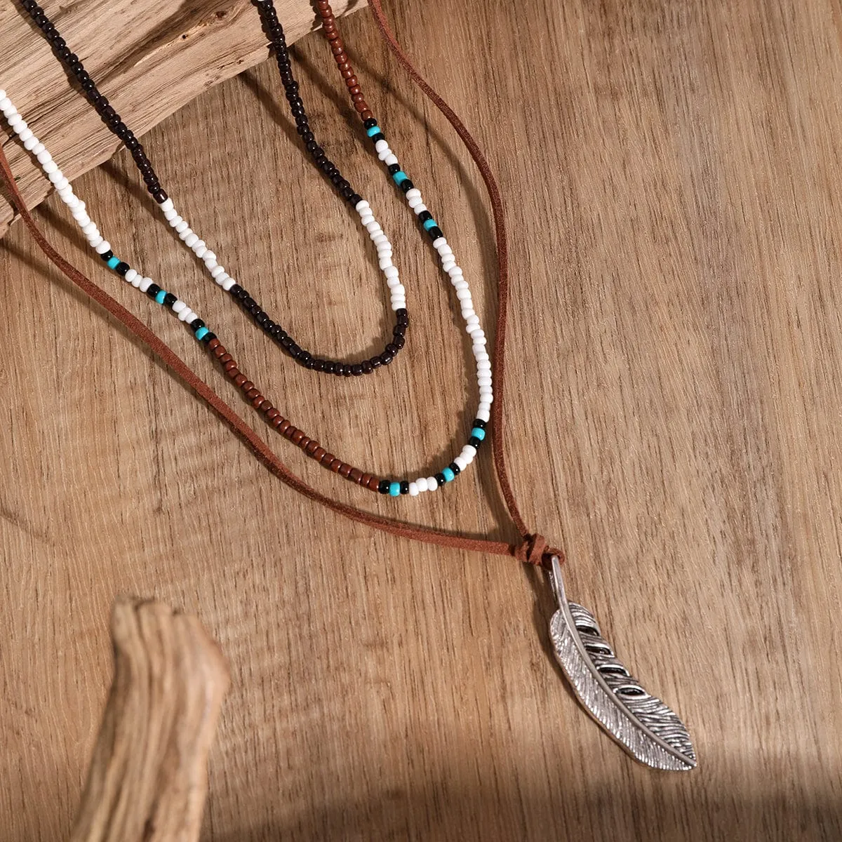 Trendy Layered Seed Bead Leaf Pendant Velvet Necklace Set