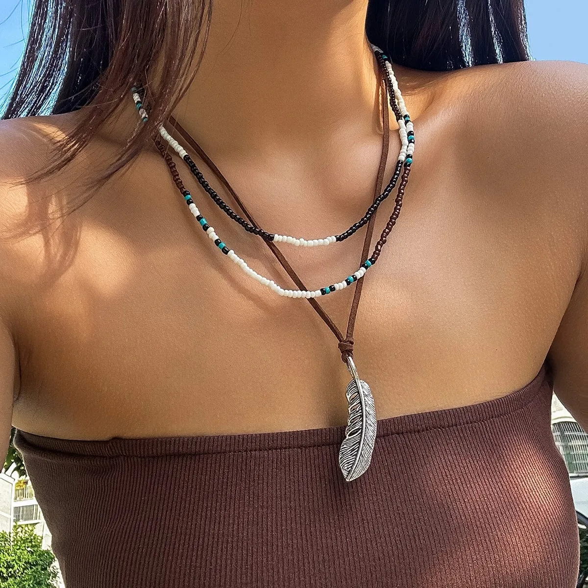 Trendy Layered Seed Bead Leaf Pendant Velvet Necklace Set