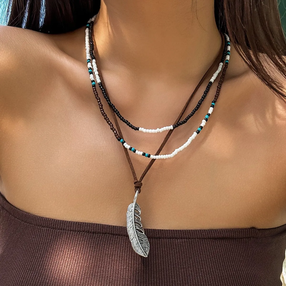 Trendy Layered Seed Bead Leaf Pendant Velvet Necklace Set