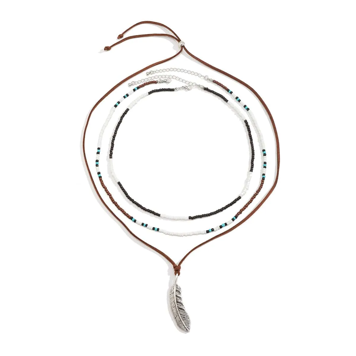 Trendy Layered Seed Bead Leaf Pendant Velvet Necklace Set