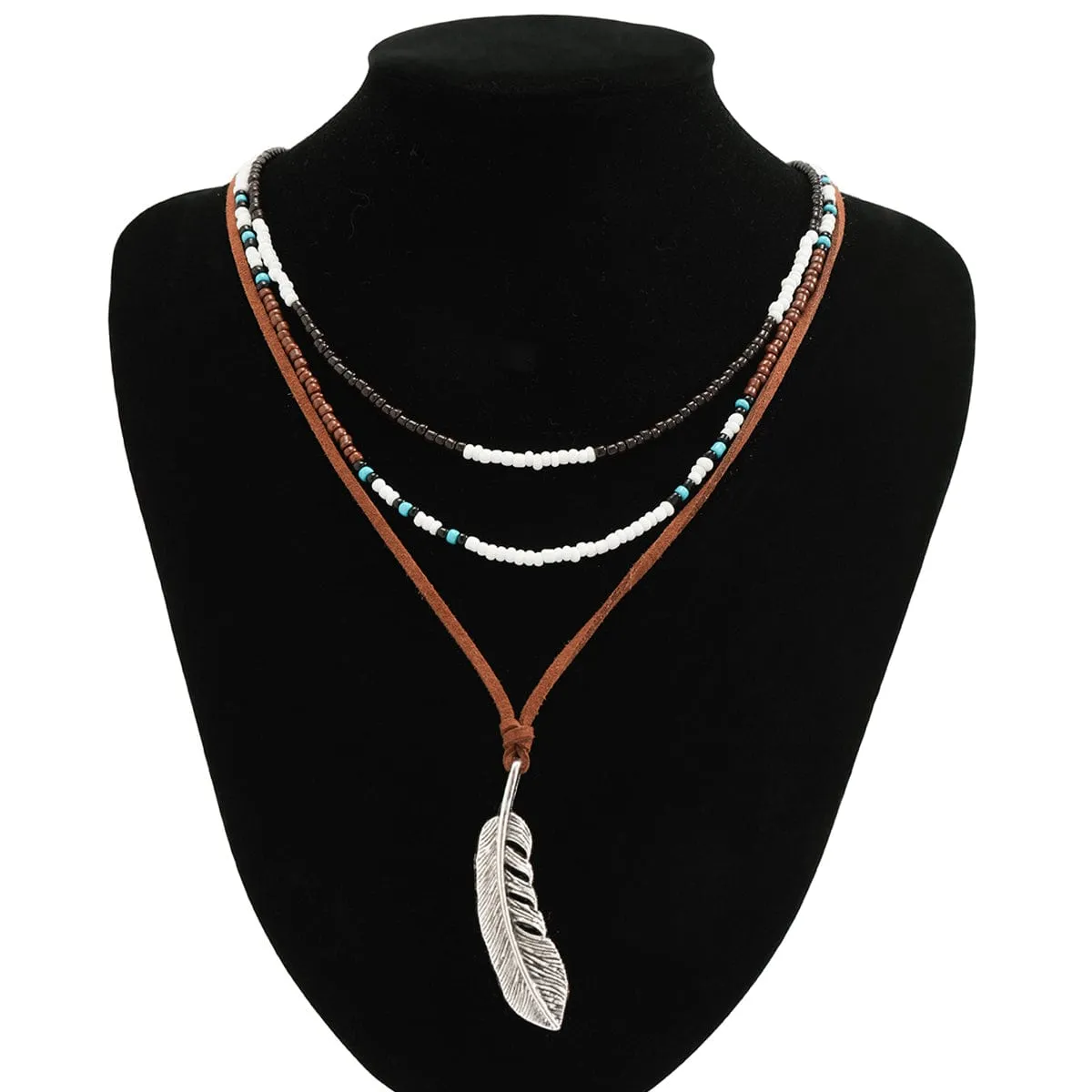 Trendy Layered Seed Bead Leaf Pendant Velvet Necklace Set