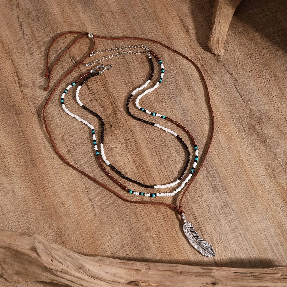 Trendy Layered Seed Bead Leaf Pendant Velvet Necklace Set
