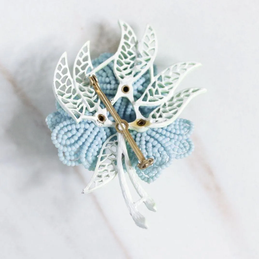 Vintage Blue Wired Beaded Flower Brooch
