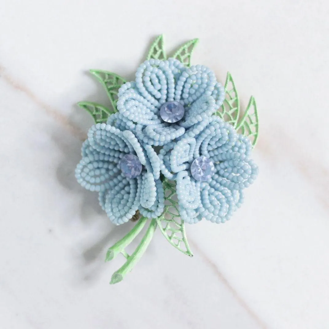 Vintage Blue Wired Beaded Flower Brooch