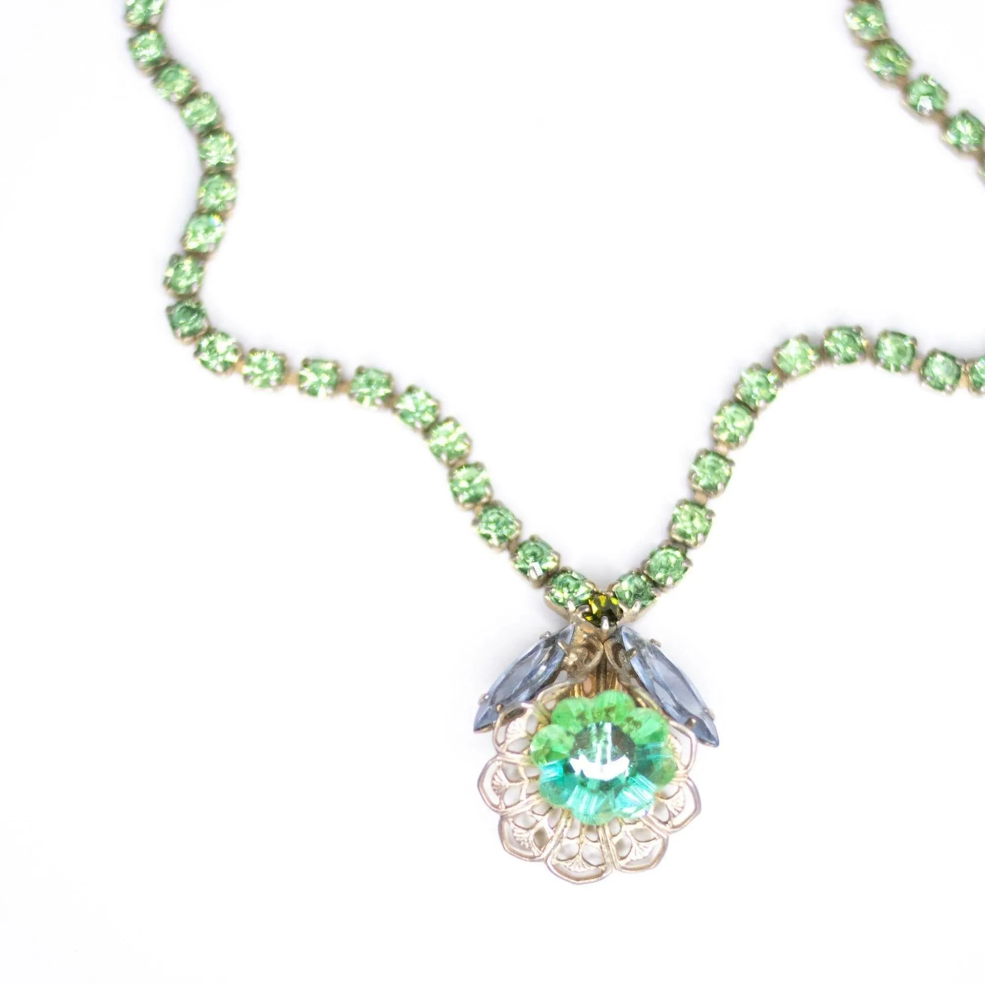 Vintage Green Rhinestone Flower Necklace