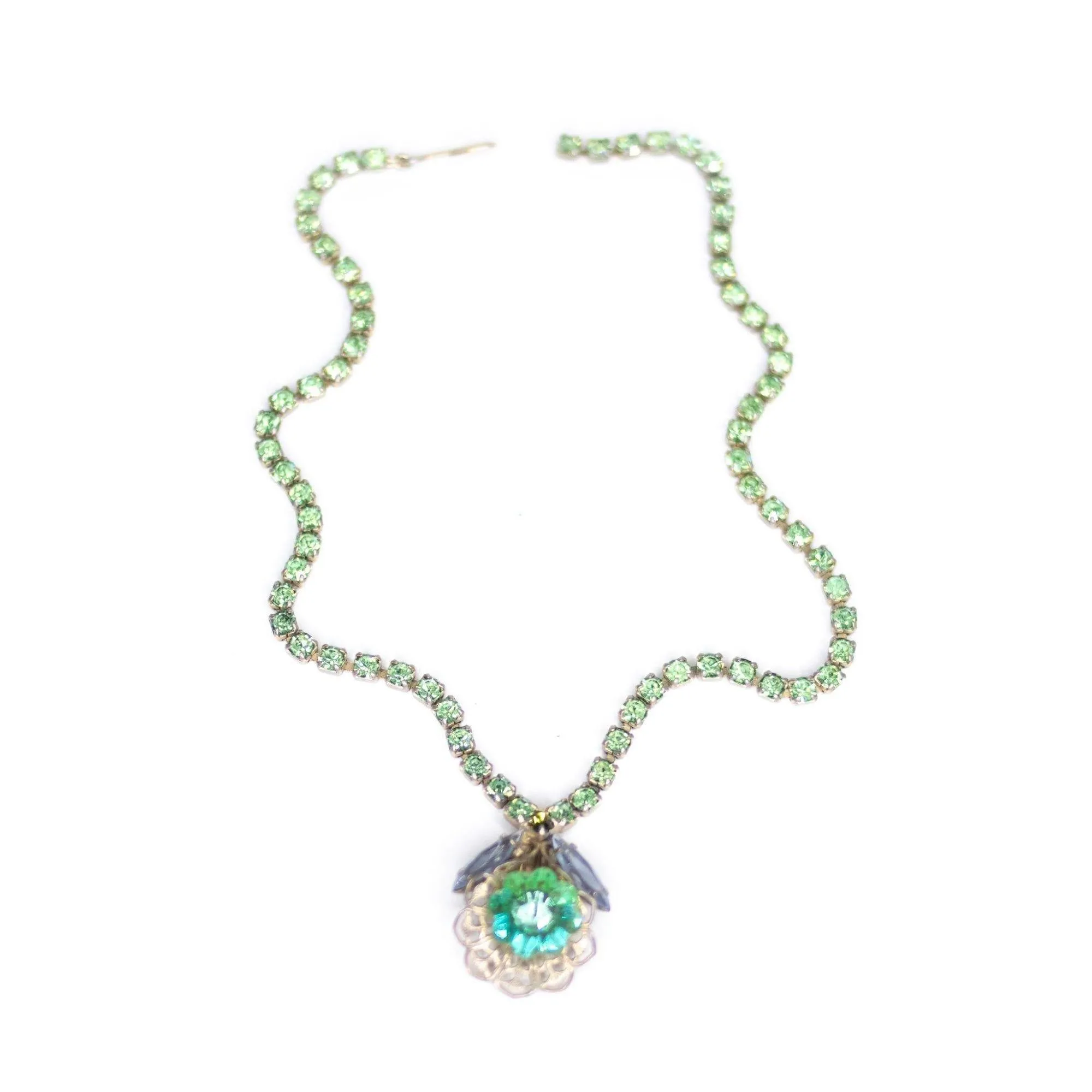 Vintage Green Rhinestone Flower Necklace