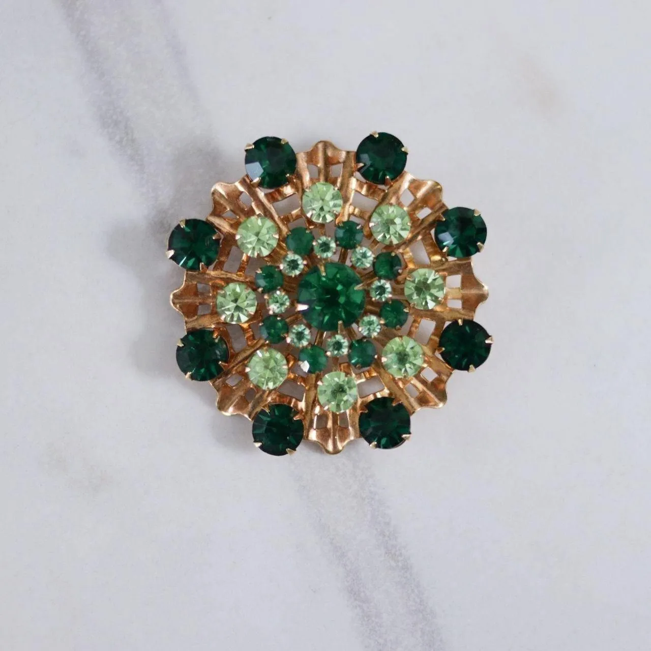 Vintage Shades of Green Rhinestone Ruffle Brooch