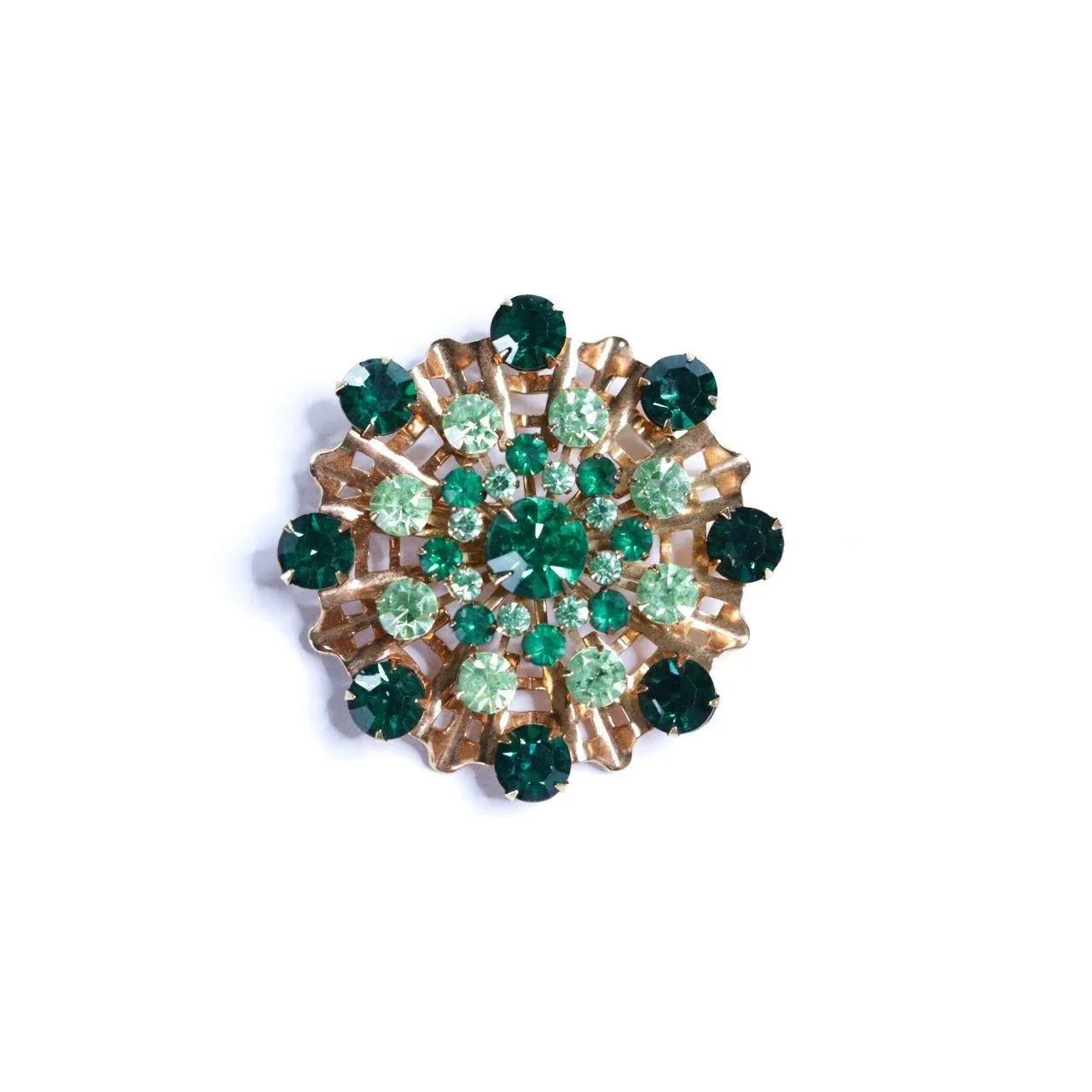 Vintage Shades of Green Rhinestone Ruffle Brooch
