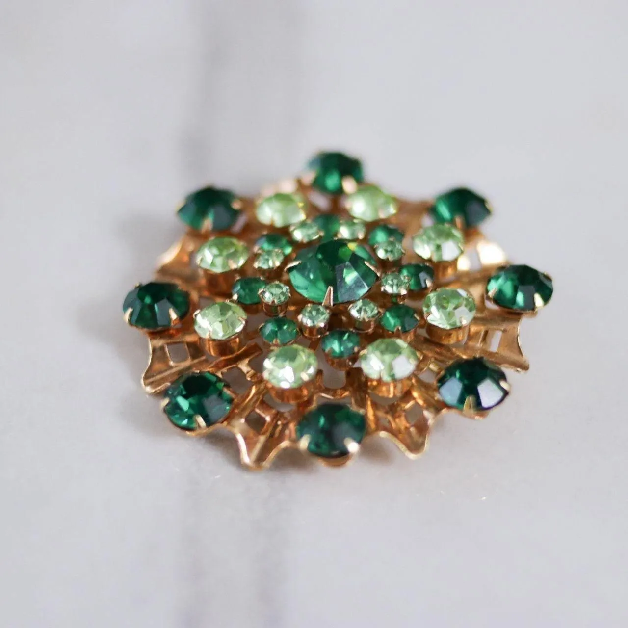 Vintage Shades of Green Rhinestone Ruffle Brooch