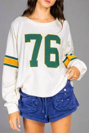 White Number 76 Printed Retro Sporty Long Sleeve Graphic Print Top