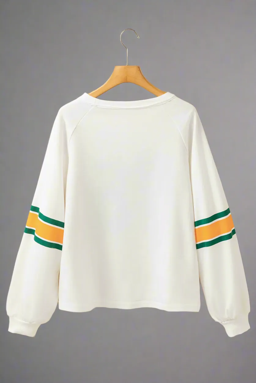 White Number 76 Printed Retro Sporty Long Sleeve Graphic Print Top
