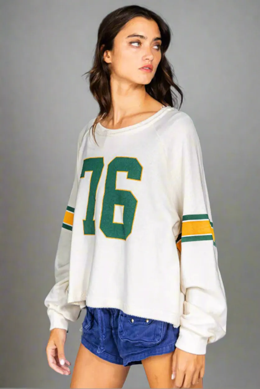 White Number 76 Printed Retro Sporty Long Sleeve Graphic Print Top