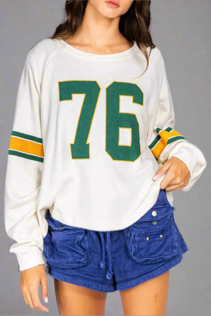 White Number 76 Printed Retro Sporty Long Sleeve Graphic Print Top