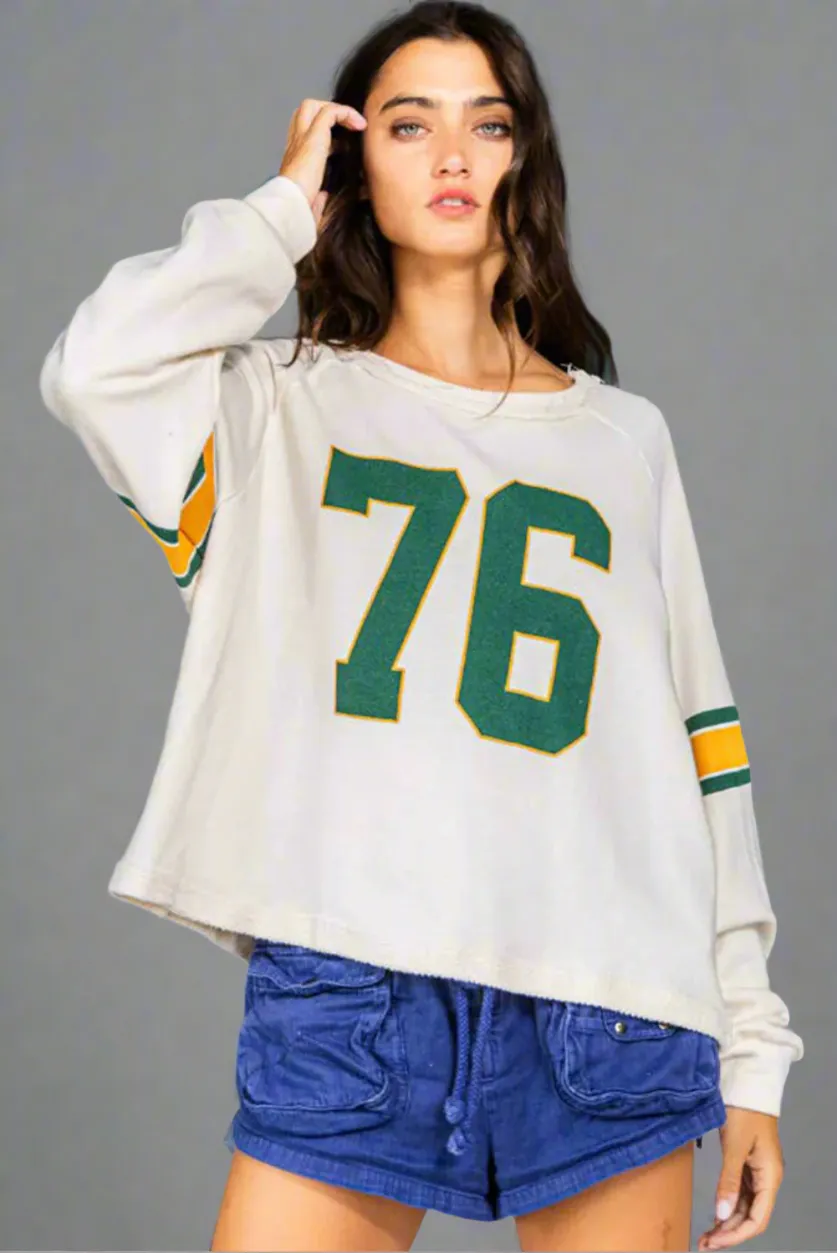 White Number 76 Printed Retro Sporty Long Sleeve Graphic Print Top