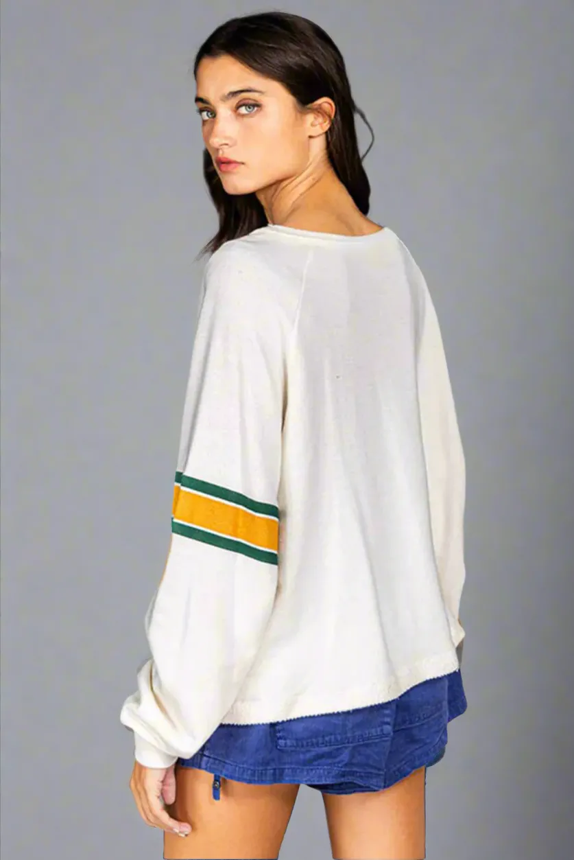 White Number 76 Printed Retro Sporty Long Sleeve Graphic Print Top