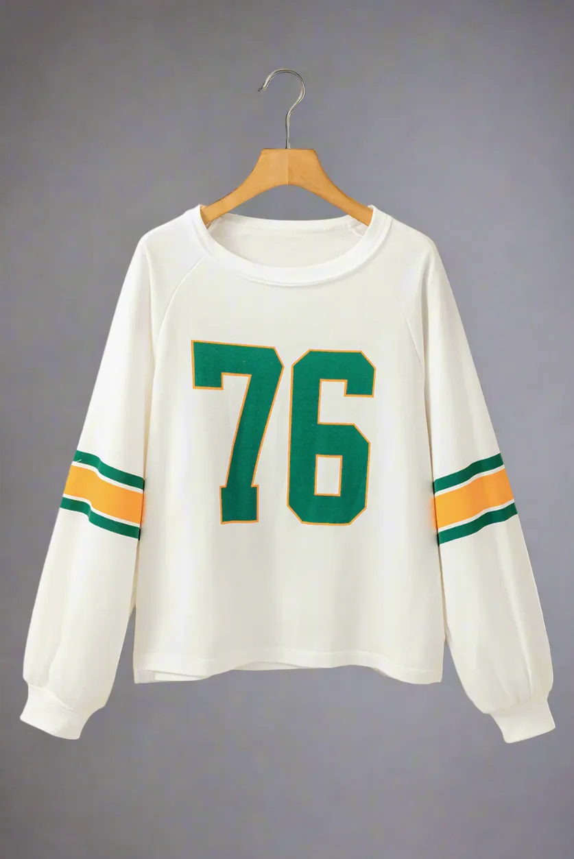 White Number 76 Printed Retro Sporty Long Sleeve Graphic Print Top