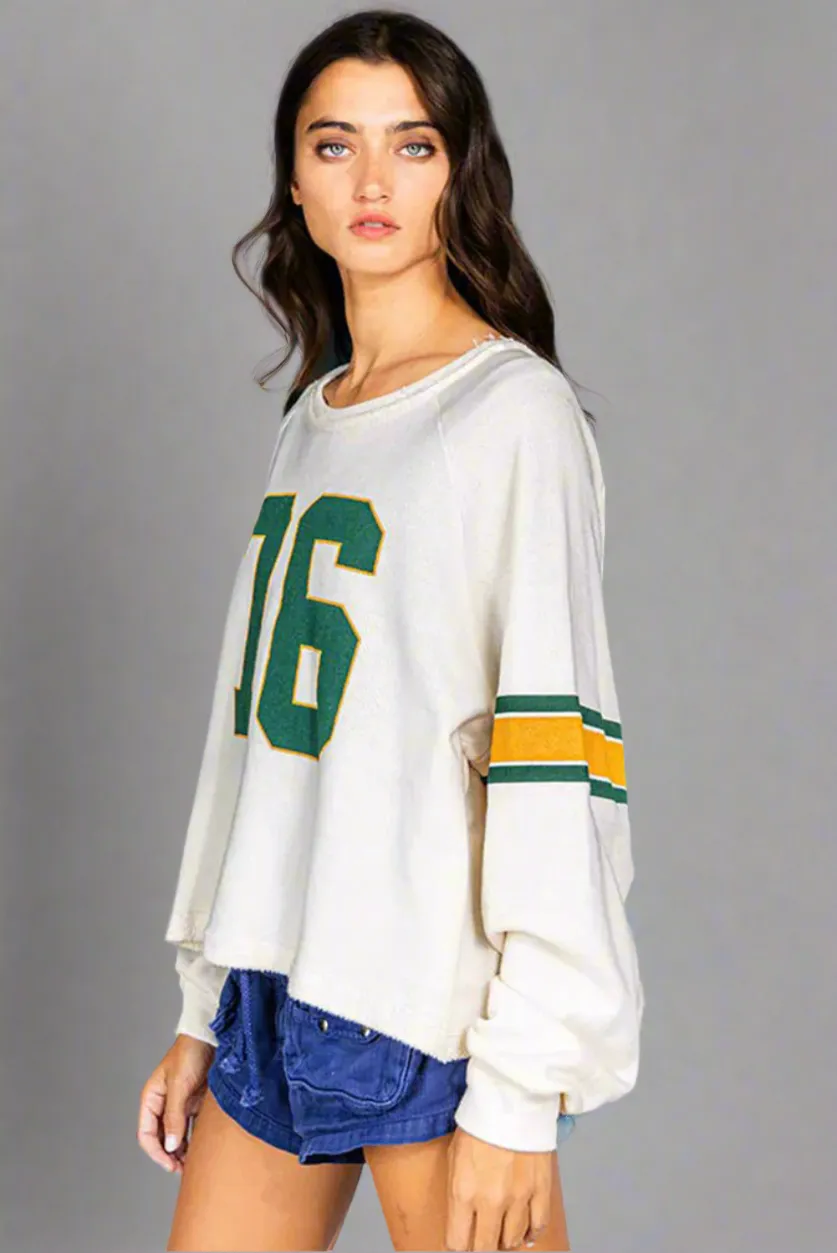 White Number 76 Printed Retro Sporty Long Sleeve Graphic Print Top