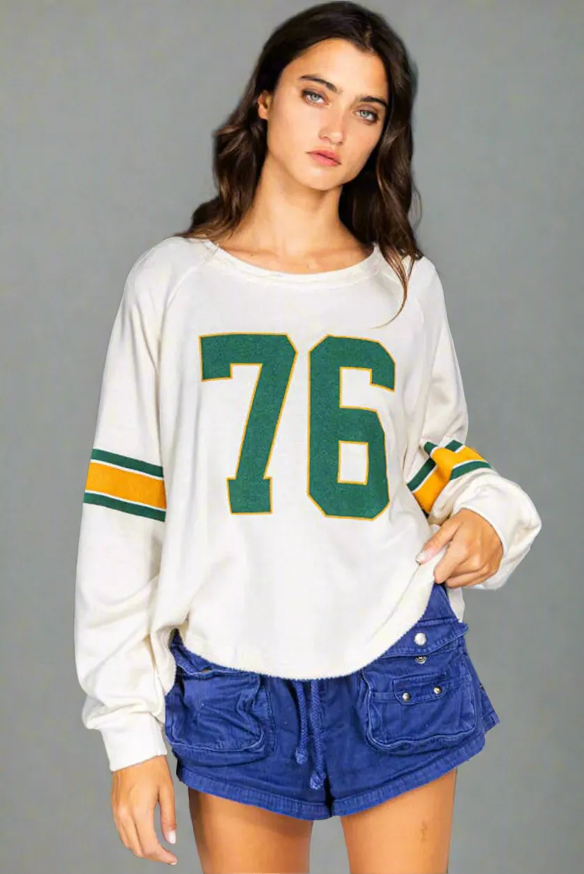 White Number 76 Printed Retro Sporty Long Sleeve Graphic Print Top