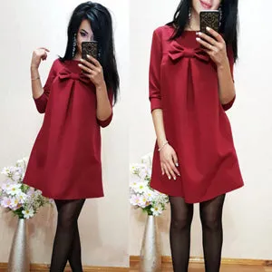 Women Elegant Spring Red Green Dress O-neck 3/4 Sleeve Casual Loose Dress