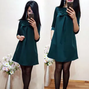 Women Elegant Spring Red Green Dress O-neck 3/4 Sleeve Casual Loose Dress