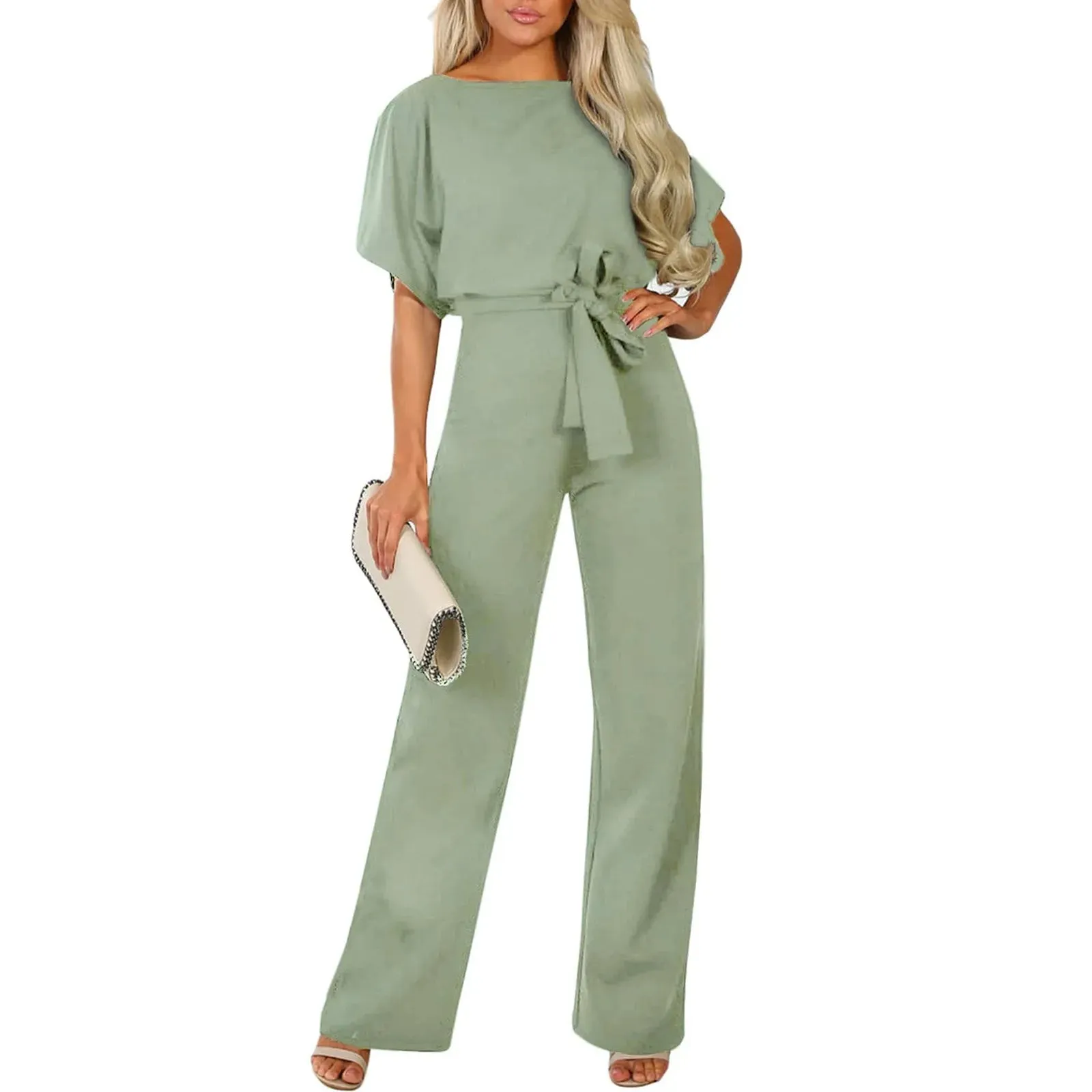 Women Short Sleeve Elegant Jumpsuit Long Straight Leg Pants High Waist Casual Rompers Playsuit Plus Size Solid Ladies Overalls