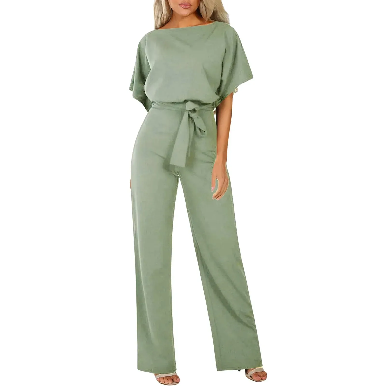 Women Short Sleeve Elegant Jumpsuit Long Straight Leg Pants High Waist Casual Rompers Playsuit Plus Size Solid Ladies Overalls