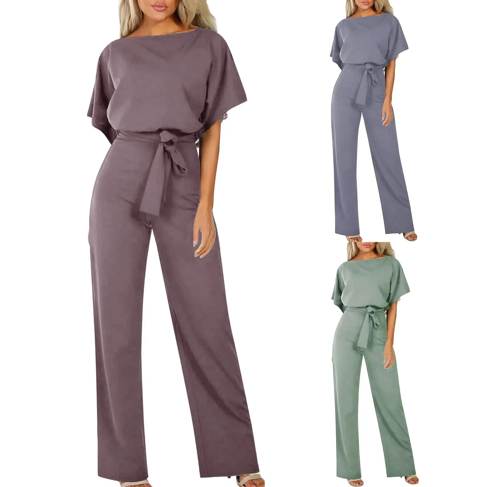 Women Short Sleeve Elegant Jumpsuit Long Straight Leg Pants High Waist Casual Rompers Playsuit Plus Size Solid Ladies Overalls