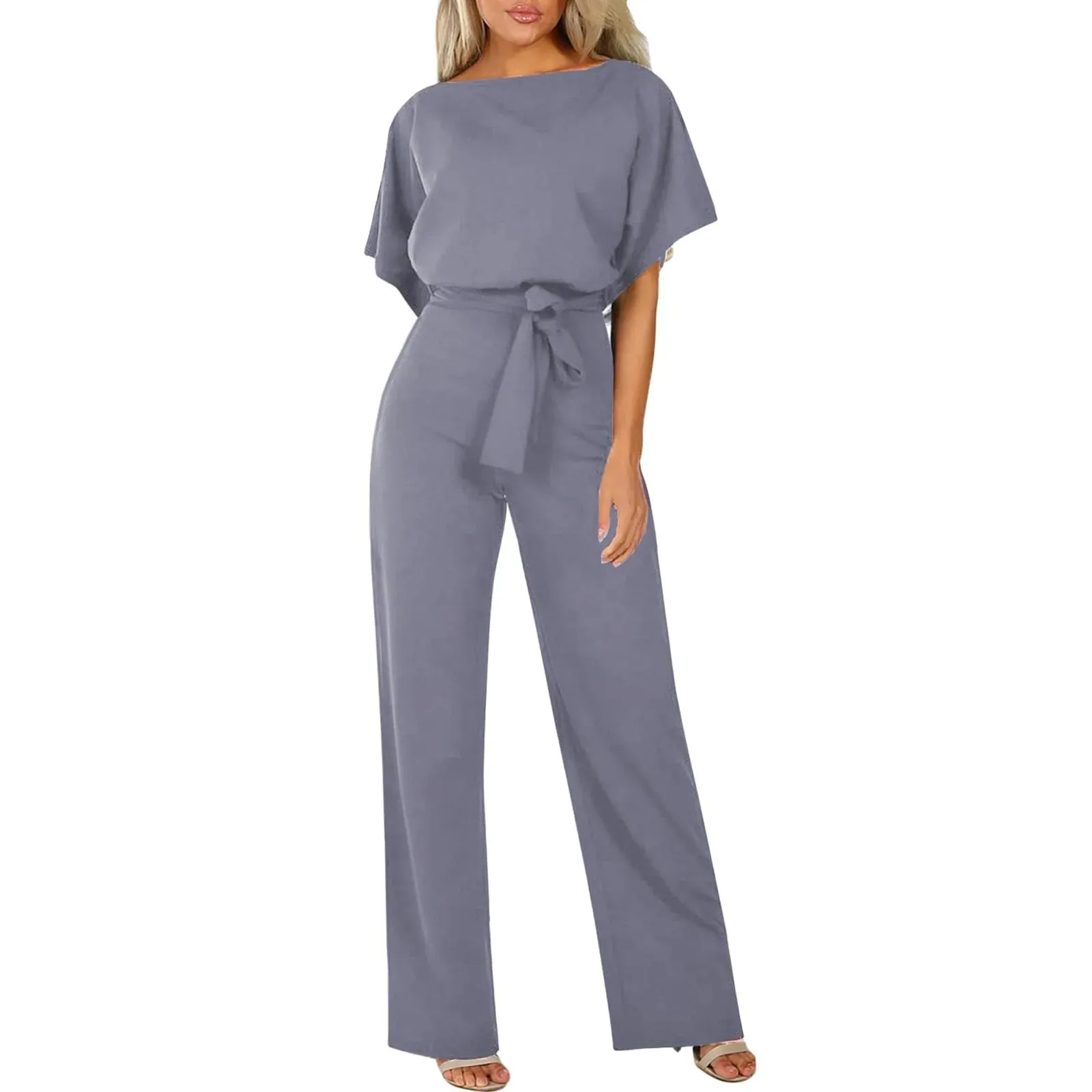 Women Short Sleeve Elegant Jumpsuit Long Straight Leg Pants High Waist Casual Rompers Playsuit Plus Size Solid Ladies Overalls
