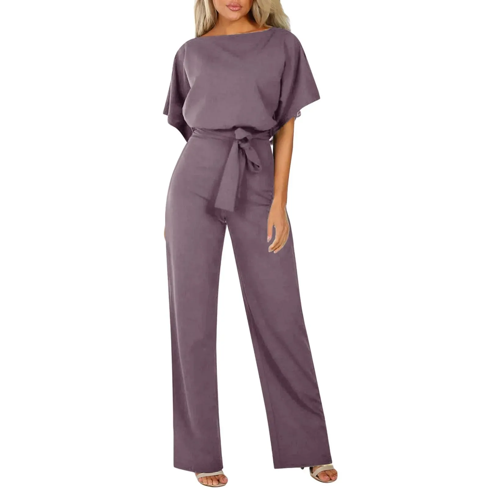 Women Short Sleeve Elegant Jumpsuit Long Straight Leg Pants High Waist Casual Rompers Playsuit Plus Size Solid Ladies Overalls