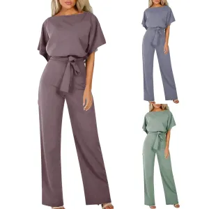 Women Short Sleeve Elegant Jumpsuit Long Straight Leg Pants High Waist Casual Rompers Playsuit Plus Size Solid Ladies Overalls