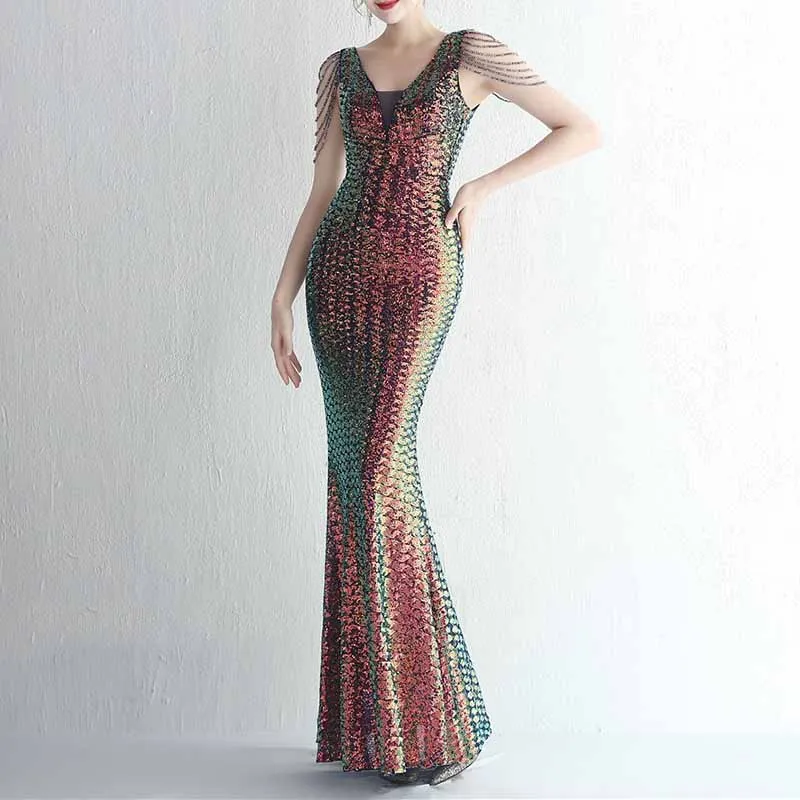 Women's Dress V Neck Long Maxi Elegant Mermaid Formal Dresses Evening Gown S-4XL