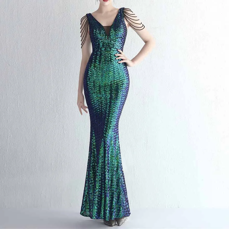 Women's Dress V Neck Long Maxi Elegant Mermaid Formal Dresses Evening Gown S-4XL