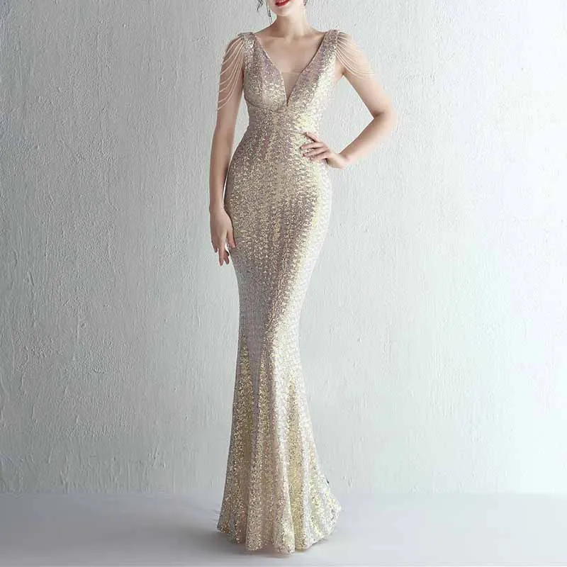 Women's Dress V Neck Long Maxi Elegant Mermaid Formal Dresses Evening Gown S-4XL