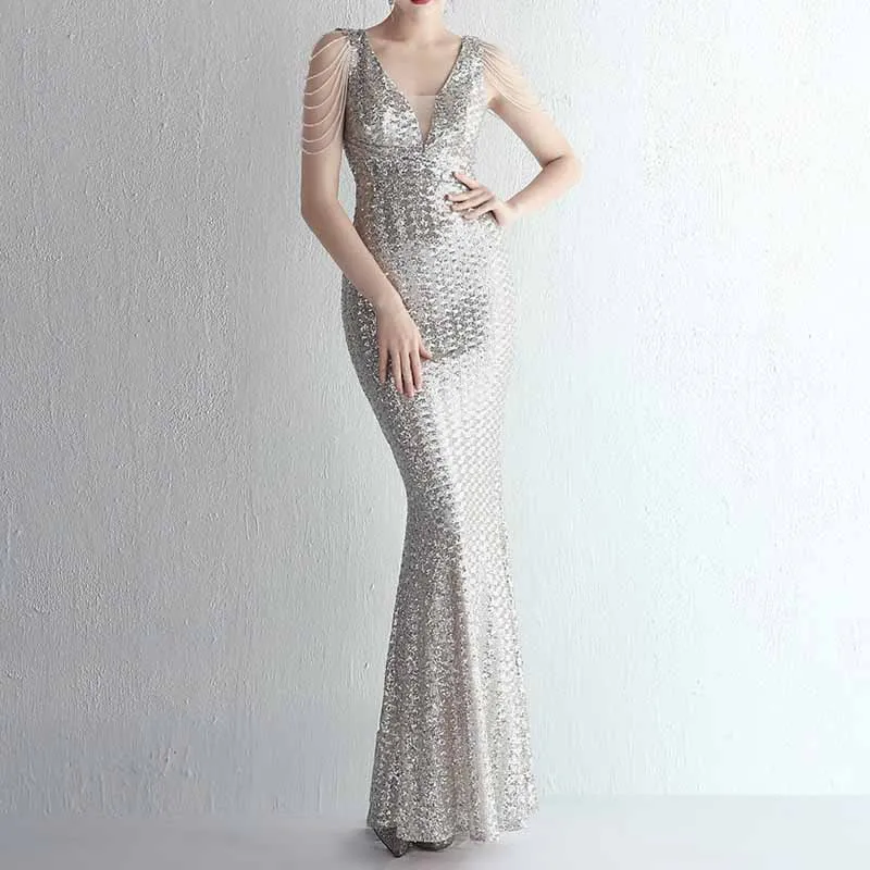 Women's Dress V Neck Long Maxi Elegant Mermaid Formal Dresses Evening Gown S-4XL